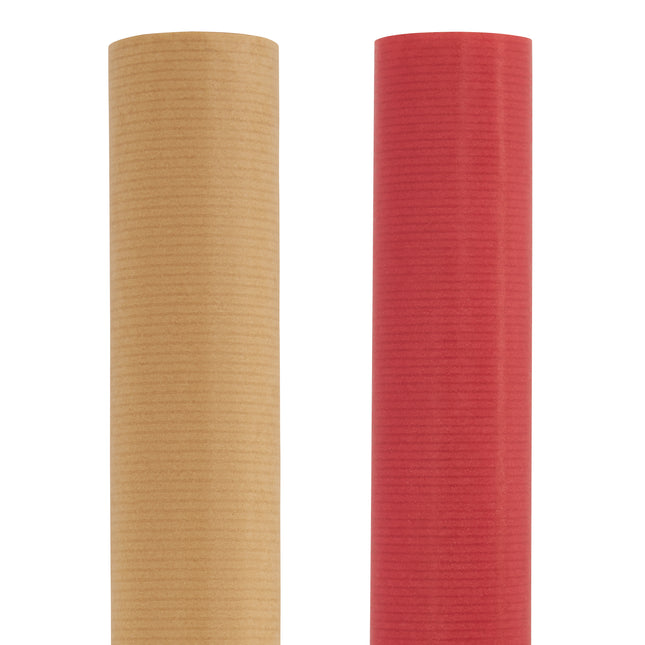 Red & Natural Ribbed Kraft Wrapping Paper - Assorted Designs - 3m Roll-5012213535618-Bargainia.com