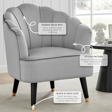 Light Grey Velvet Shell Tub Chair with Features 2
