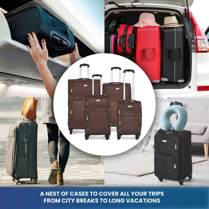Lightweight 4 Wheel 800D Soft Case 4Pc Suitcase Luggage Set - Brown-5056536103260-Bargainia.com