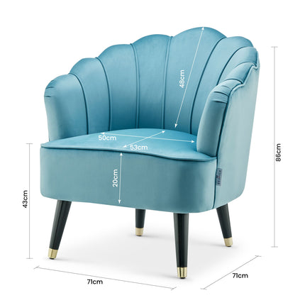 Blue velvet shell tub chair with measurements 
