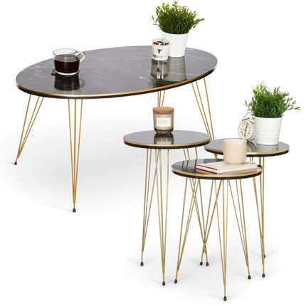 3+1 Ellipse Middle Table & 3 Side tables set - Gold & Black Marble-5056536101457-Bargainia.com