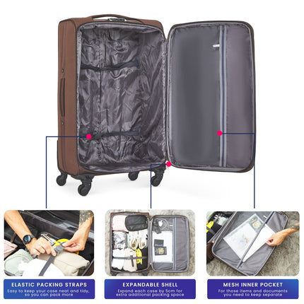 Lightweight 4 Wheel 800D Soft Case 4Pc Suitcase Luggage Set - Brown-5056536103260-Bargainia.com