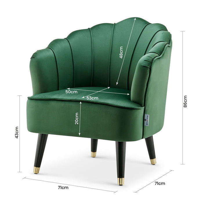 Green Velvet Shell Tub Chair with Measurements