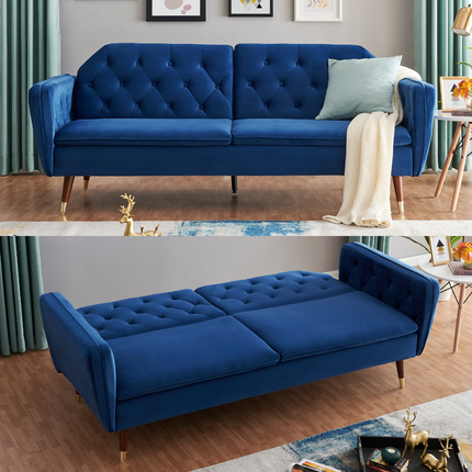 Victoria 3 Seater Velvet Click Clack Sofa Bed - Blue-Bargainia.com