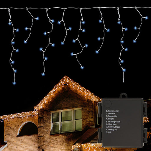 Battery Operated String Lights - 240 LED Icicle Bulbs - Cool White-5056150236511-Bargainia.com