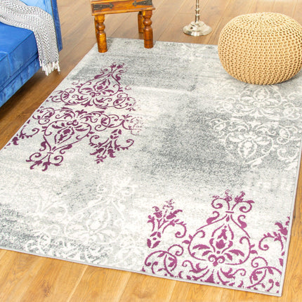 Purple Contemporary Faded Traditional Motifs Rug