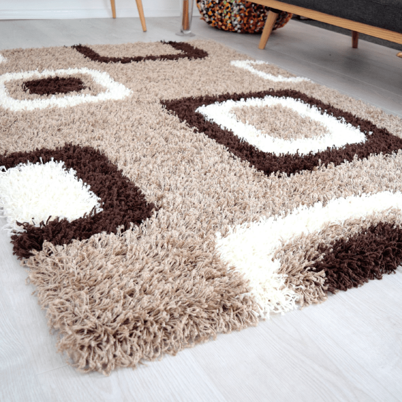Beige Geometric Boxed Thick Shaggy Rug - California Rugs Rug Masters