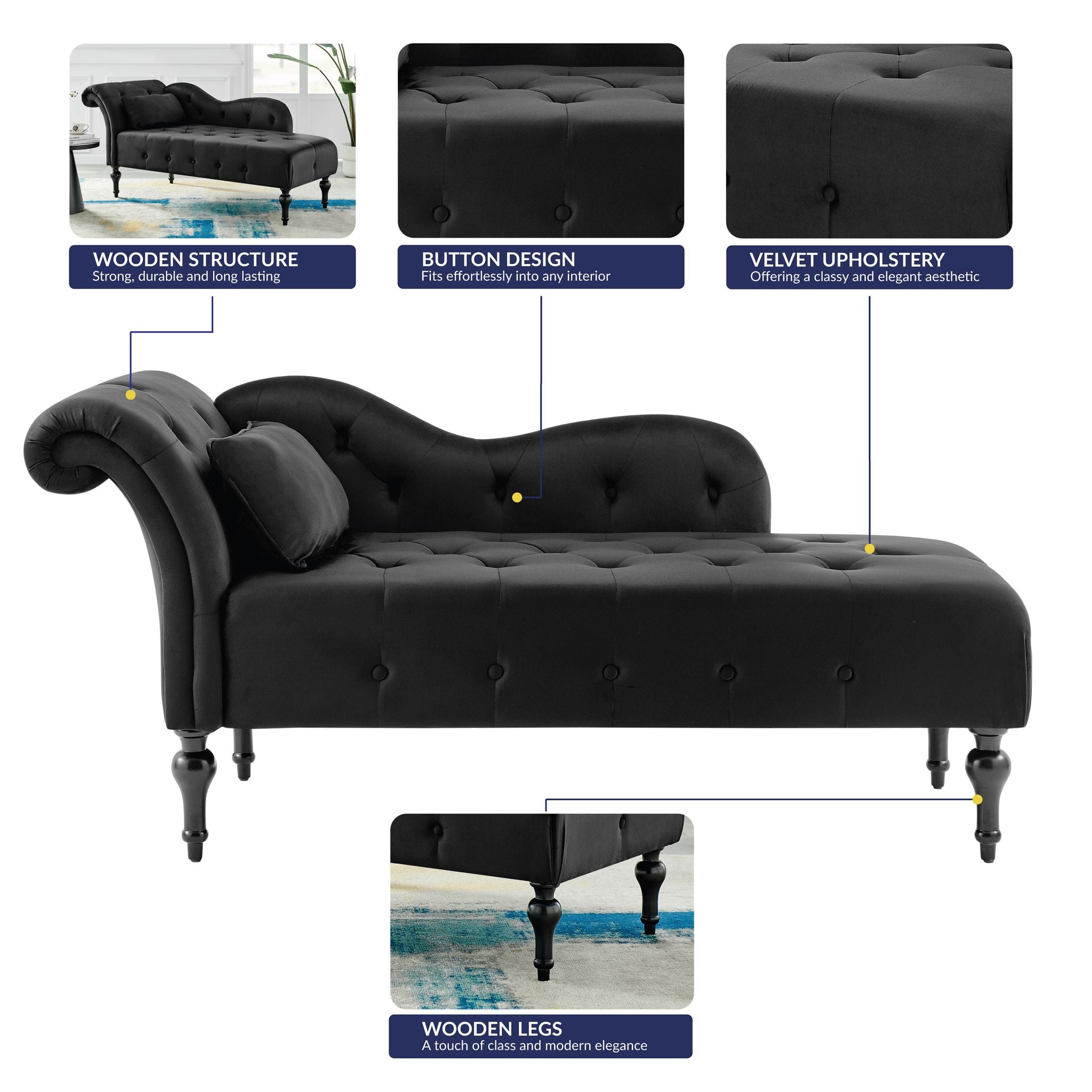 Chaise Lounge Velvet Sofa Button Tufted - Black Chaise Lounge Bargainia