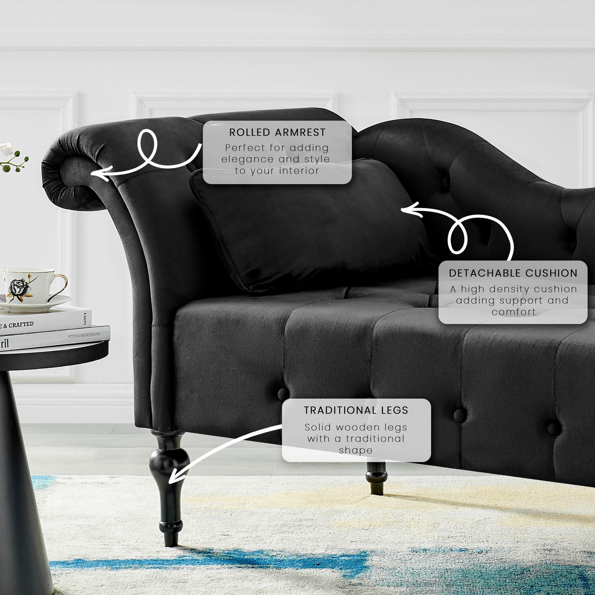 Chaise Lounge Velvet Sofa Button Tufted - Black Chaise Lounge Bargainia