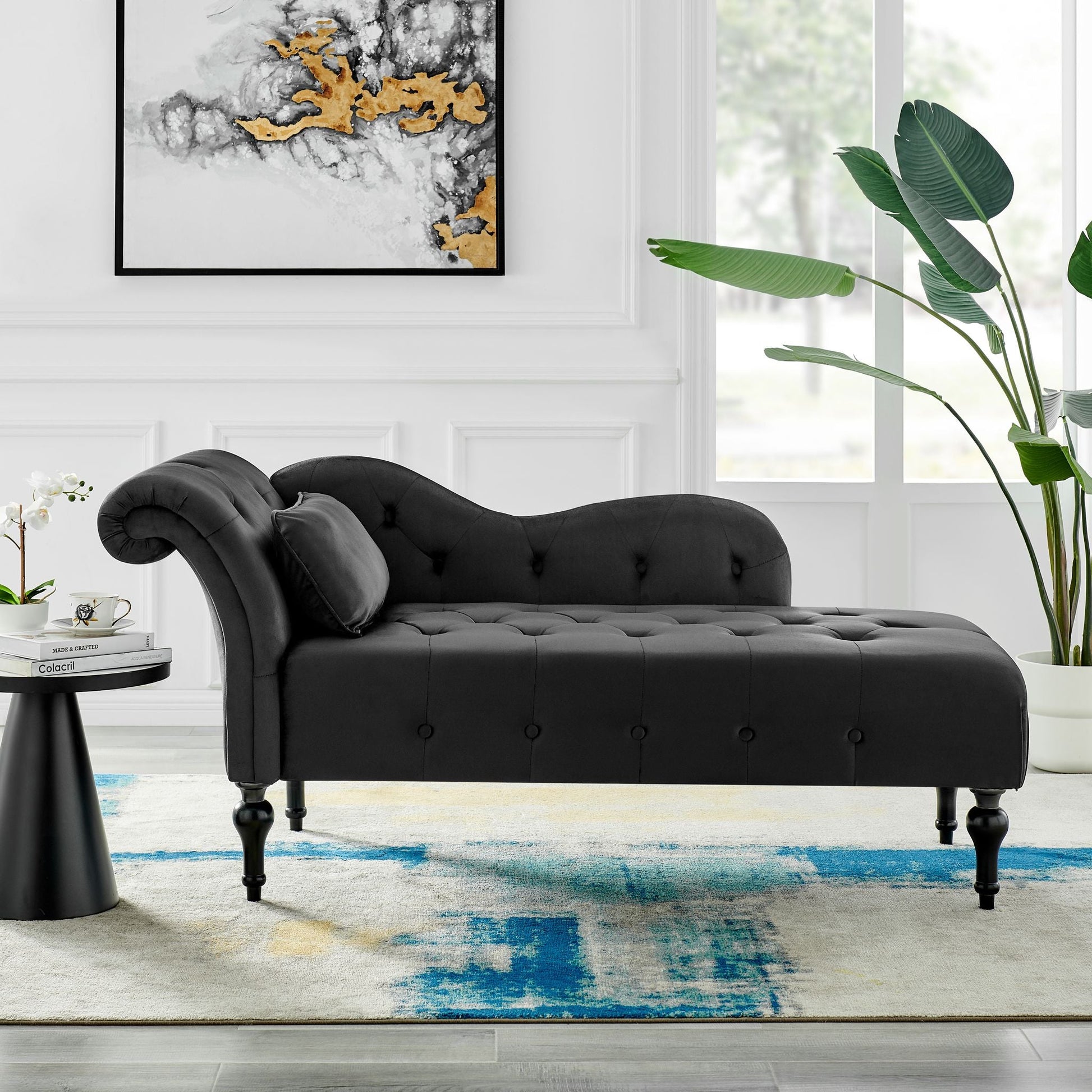 Chaise Lounge Velvet Sofa Button Tufted - Black Chaise Lounge Bargainia