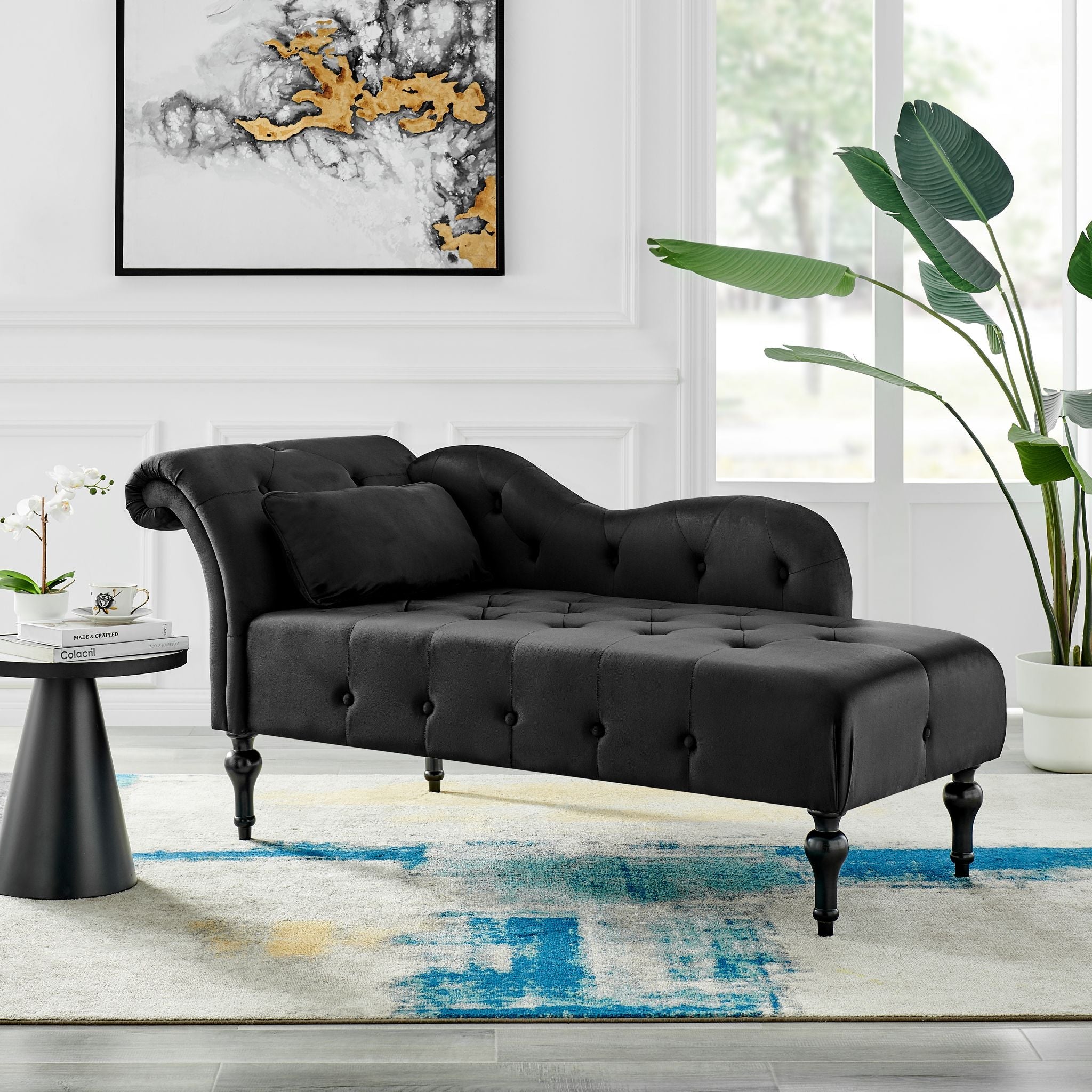 Chaise Lounge Velvet Sofa Button Tufted - Black Chaise Lounge Bargainia