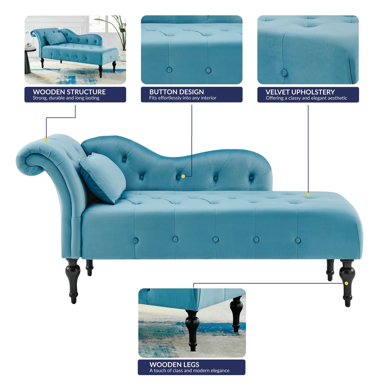 Chaise Lounge Velvet Sofa Button Tufted - Blue Chaise Lounge Bargainia