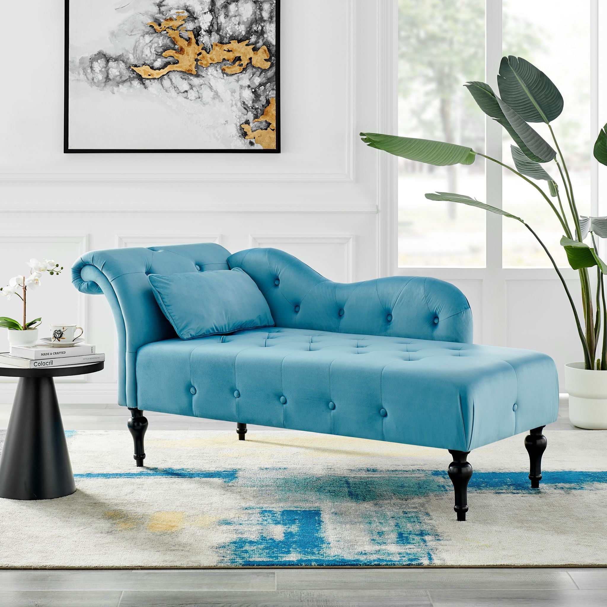 Chaise Lounge Velvet Sofa Button Tufted - Blue Chaise Lounge Bargainia
