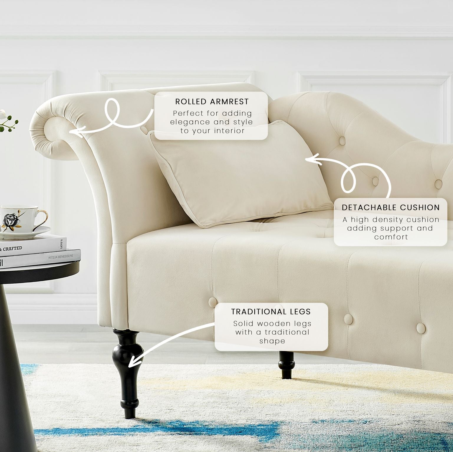 Chaise Lounge Velvet Sofa Button Tufted - Cream - Bargainia.com - 5056536103154 - MLM-609054-CR