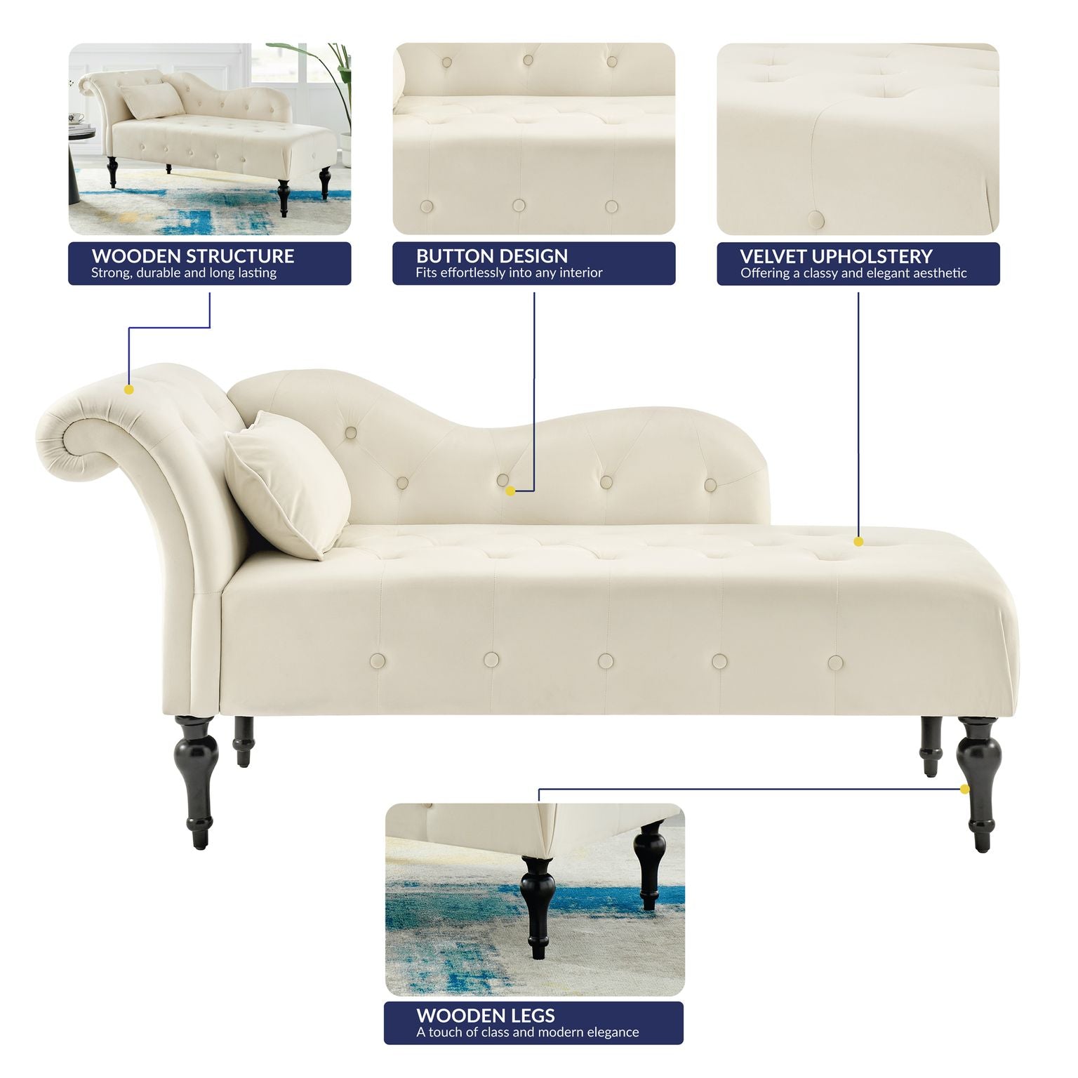 Chaise Lounge Velvet Sofa Button Tufted - Cream - Bargainia.com - 5056536103154 - MLM-609054-CR