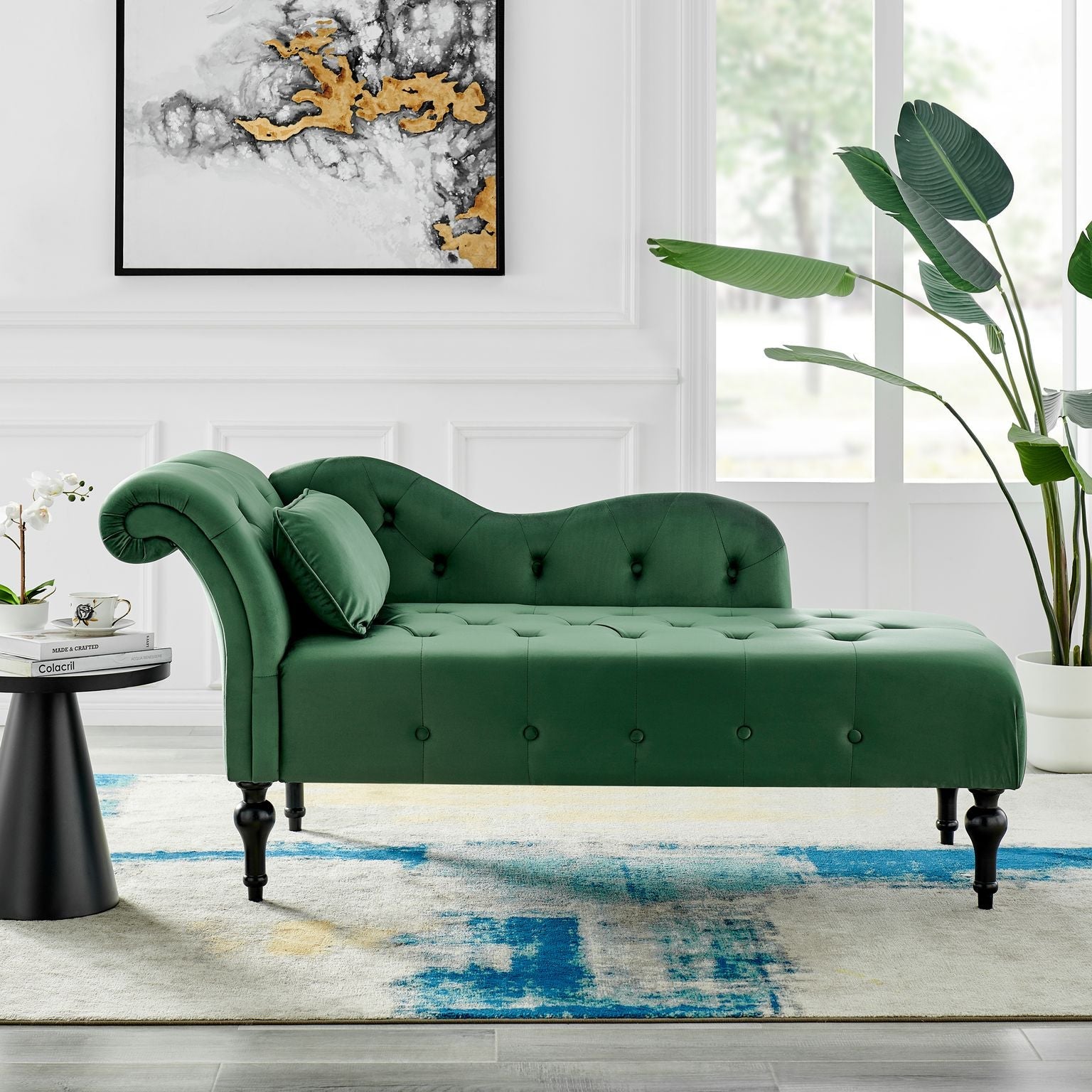Chaise Lounge Velvet Sofa Button Tufted - Emerald Green - Bargainia.com - 