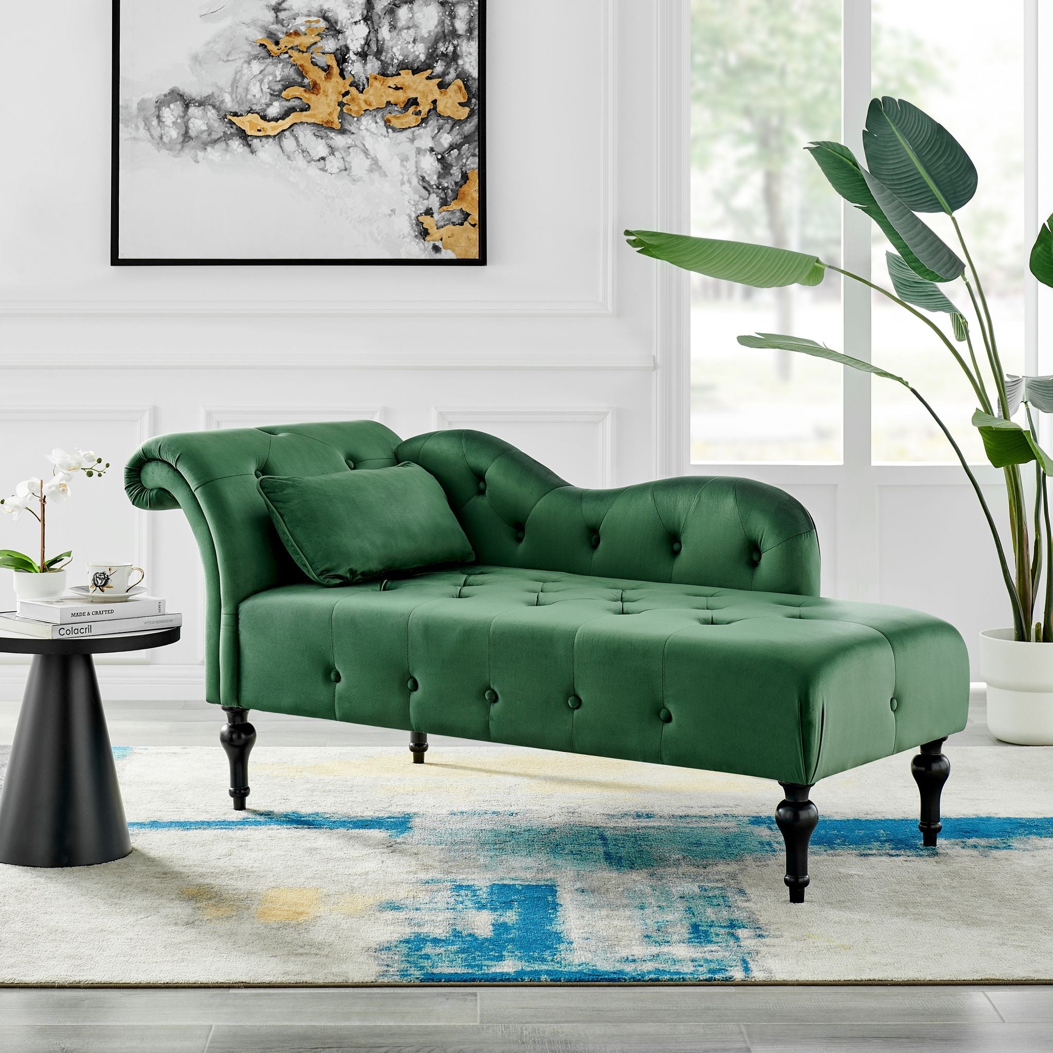 Chaise Lounge Velvet Sofa Button Tufted - Emerald Green - Bargainia.com - 