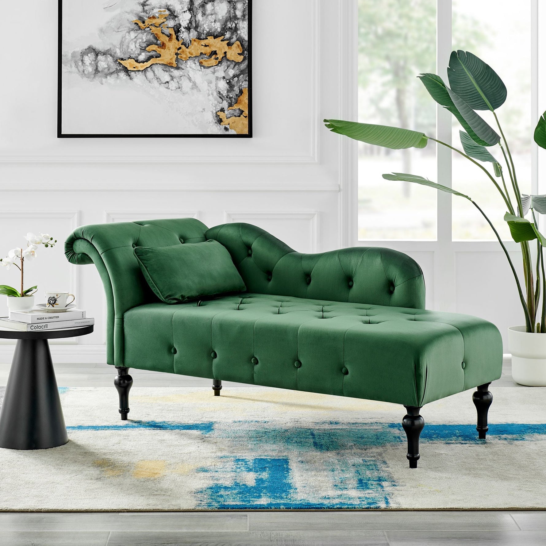 Chaise Lounge Velvet Sofa Button Tufted - Emerald Green - Bargainia.com - 