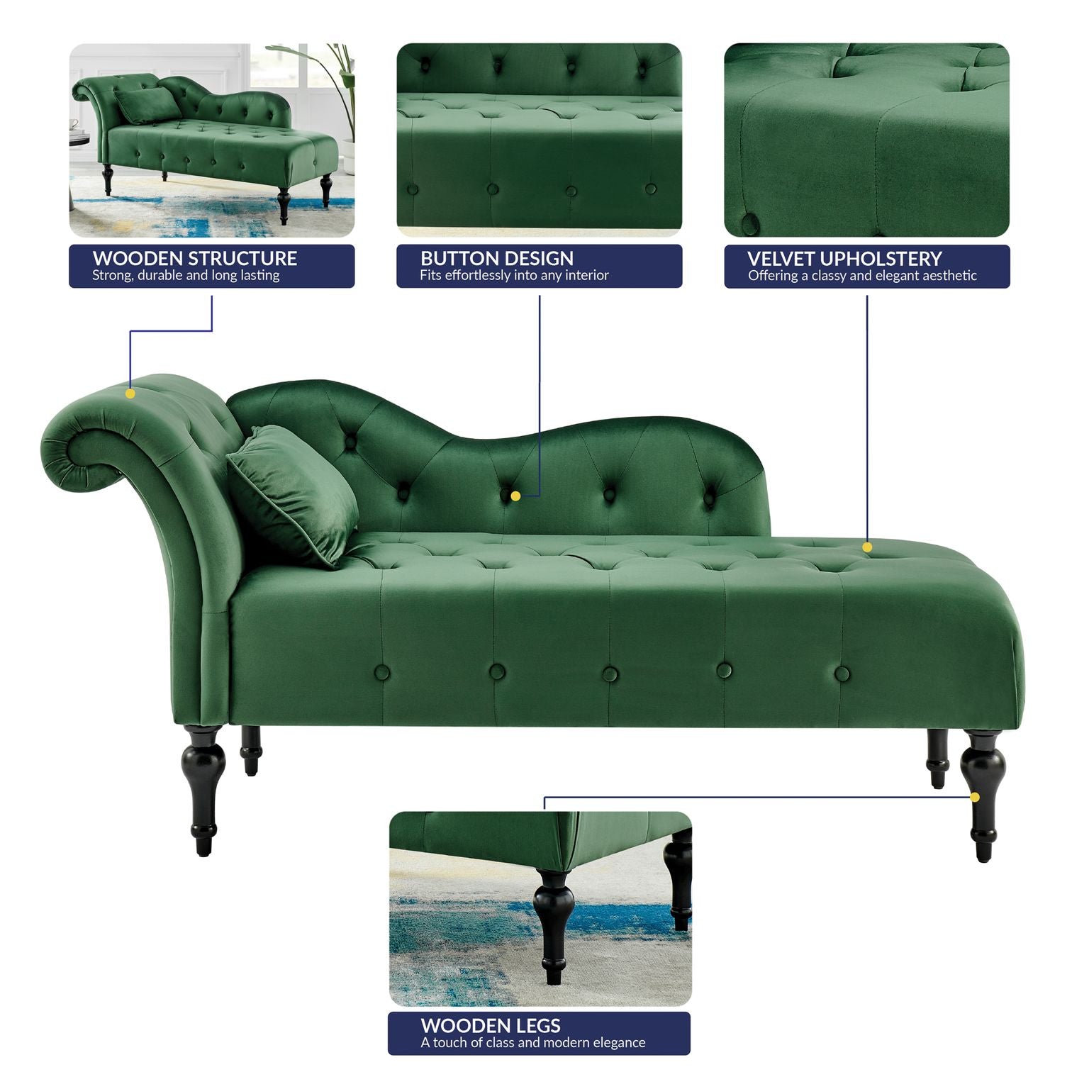 Chaise Lounge Velvet Sofa Button Tufted - Emerald Green - Bargainia.com - 
