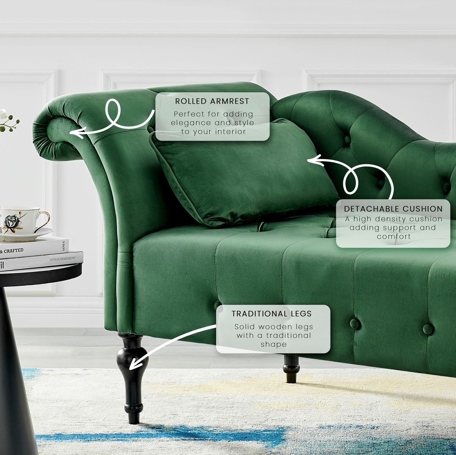 Chaise Lounge Velvet Sofa Button Tufted - Emerald Green Chaise Lounge Bargainia