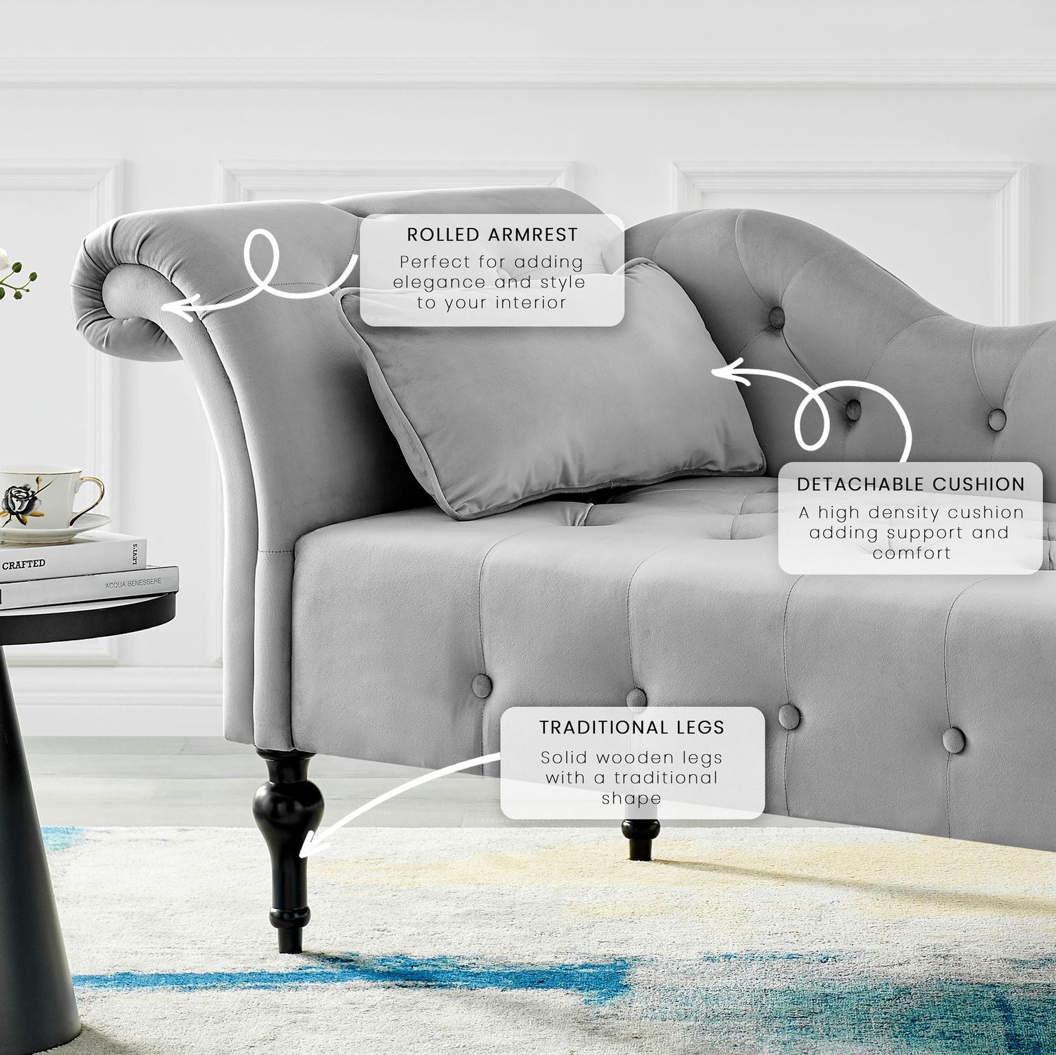 Chaise Lounge Velvet Sofa Button Tufted - Light Grey - Bargainia.com - 