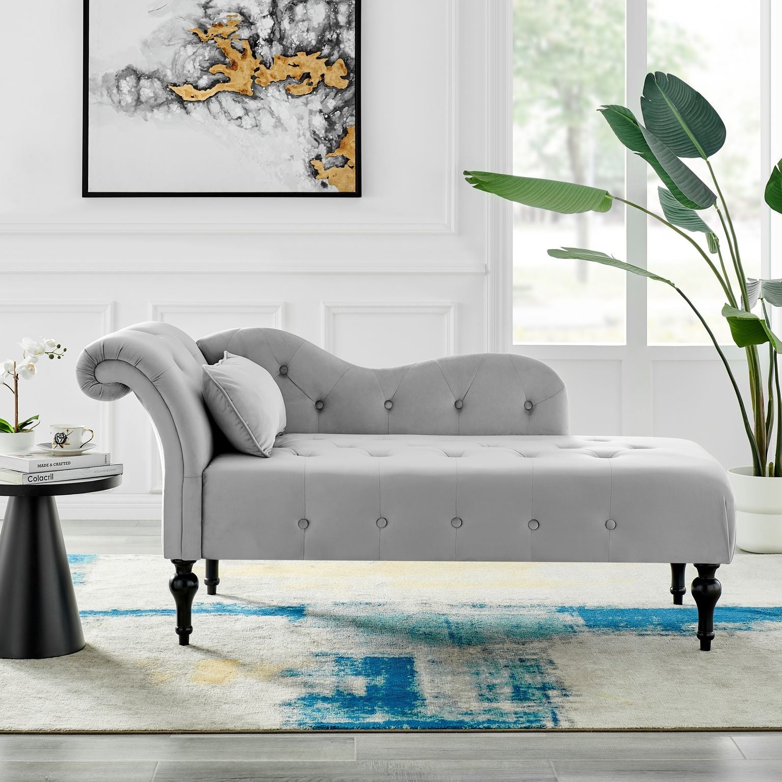 Chaise Lounge Velvet Sofa Button Tufted - Light Grey Chaise Lounge Bargainia