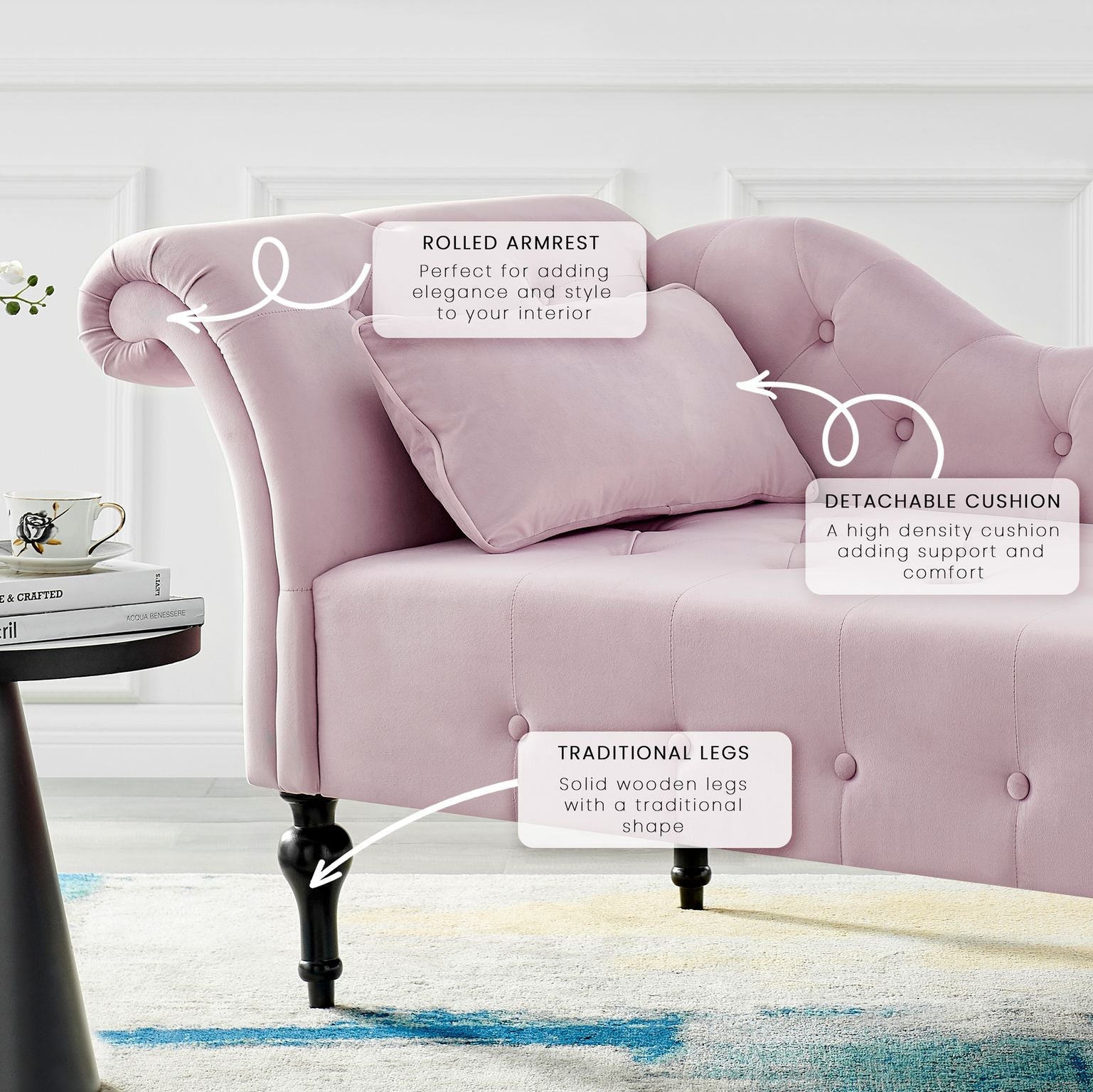 Chaise longue en velours rose Capitonnée Pieds en bois