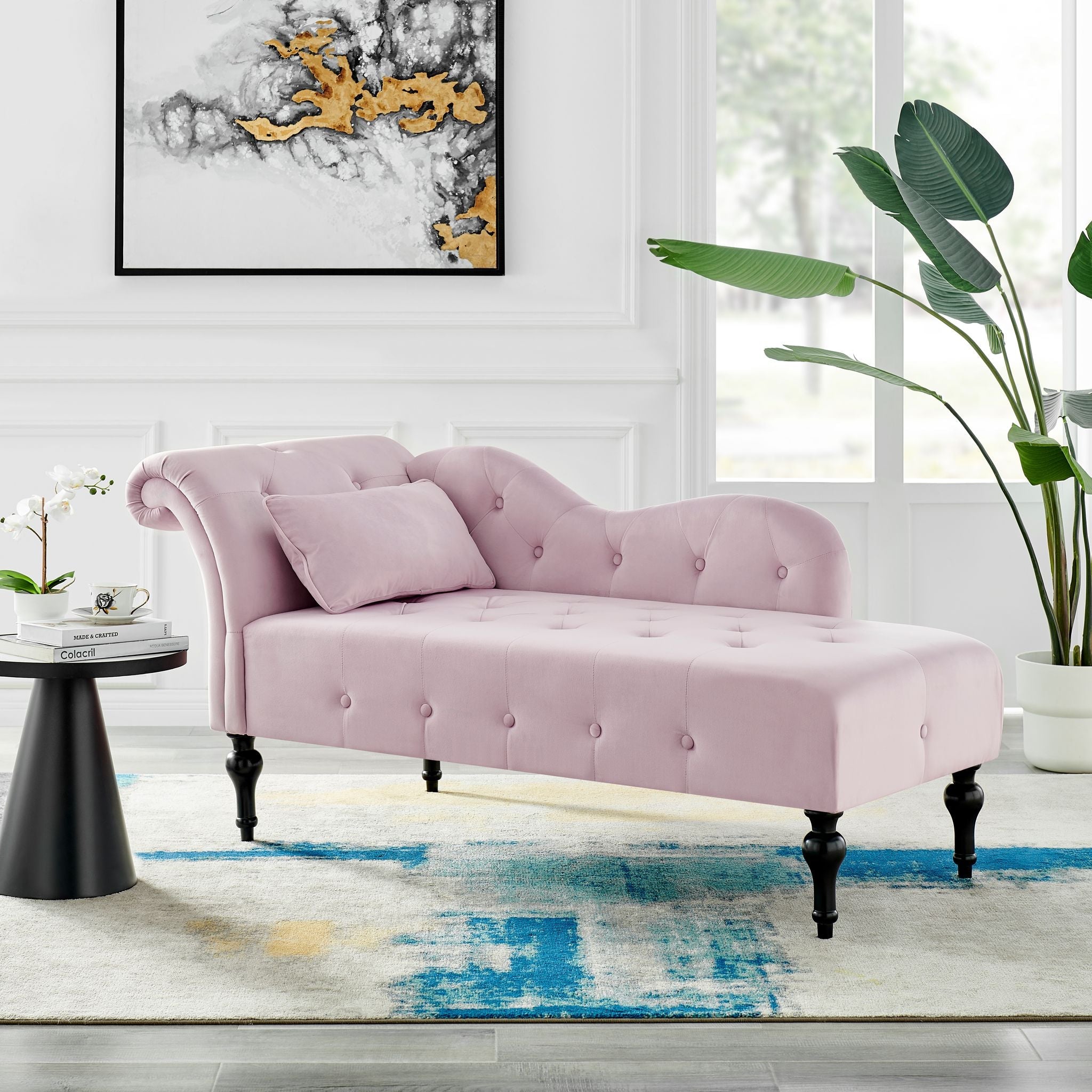 Chaise Lounge Velvet Sofa Button Tufted - Rose Pink Chaise Lounge Bargainia