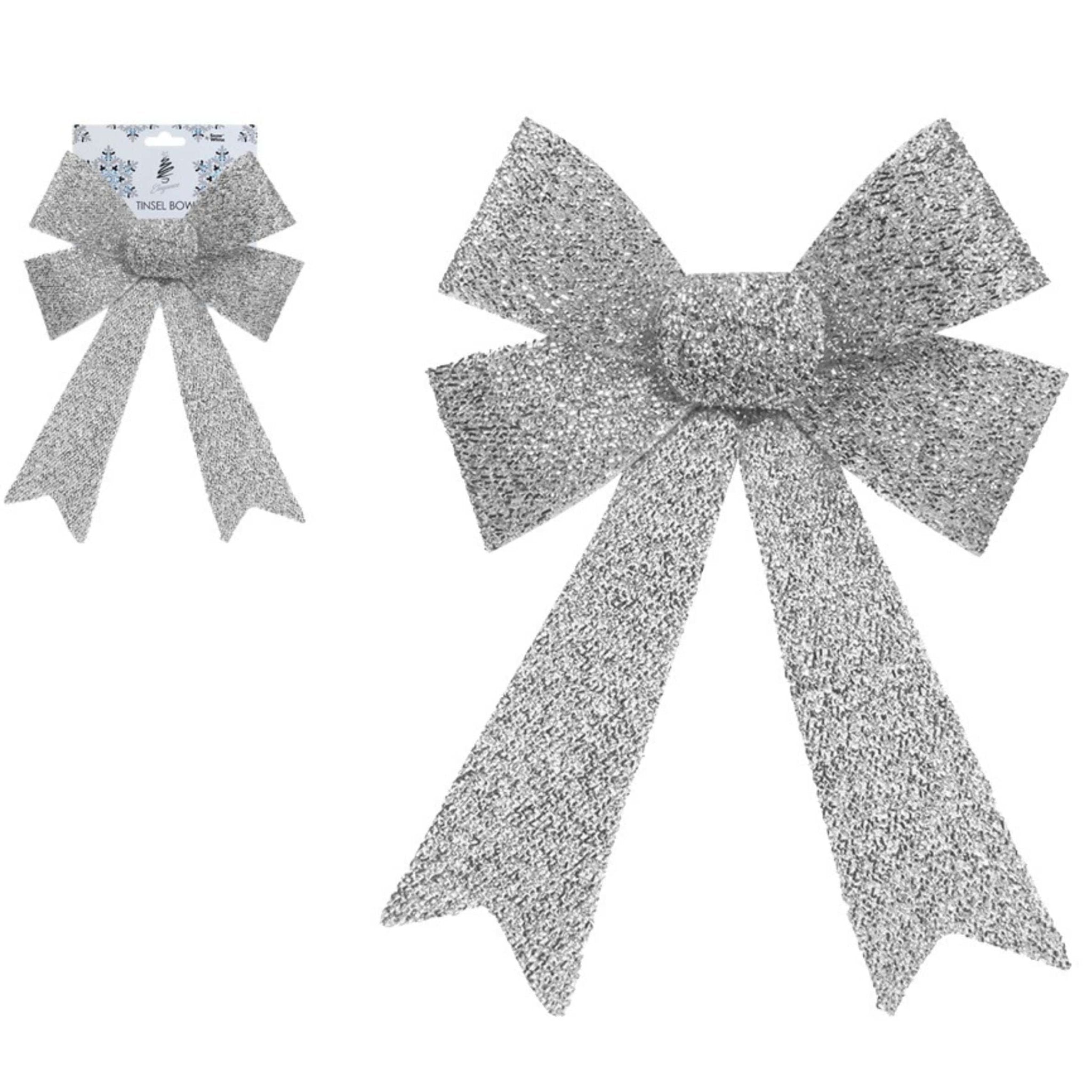 Christmas Tinsel Bow Silver Glitter 22cm Holiday Decorations Clearance