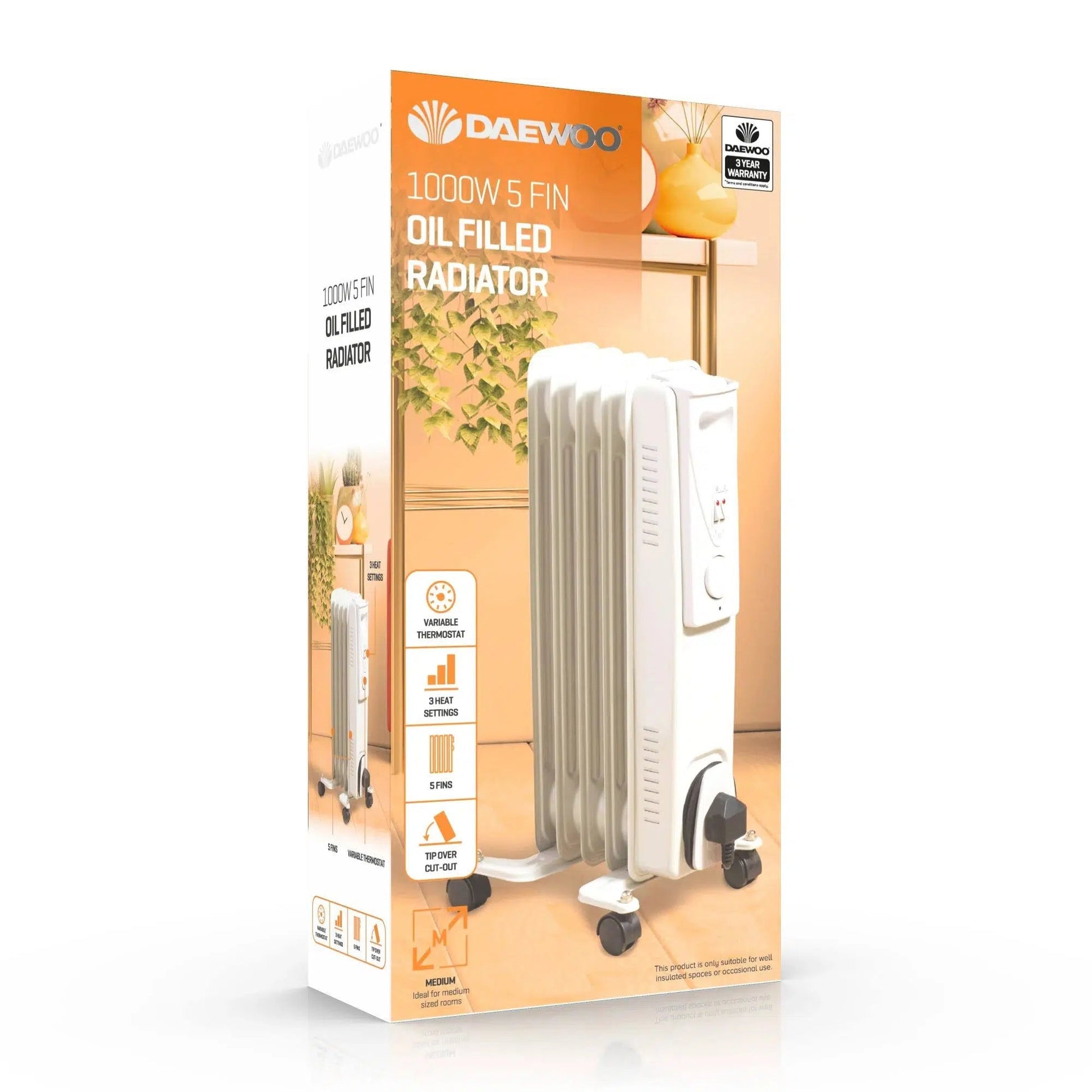 Daewoo 1000W Oil Filled Electric Radiator - White Heaters Clearance