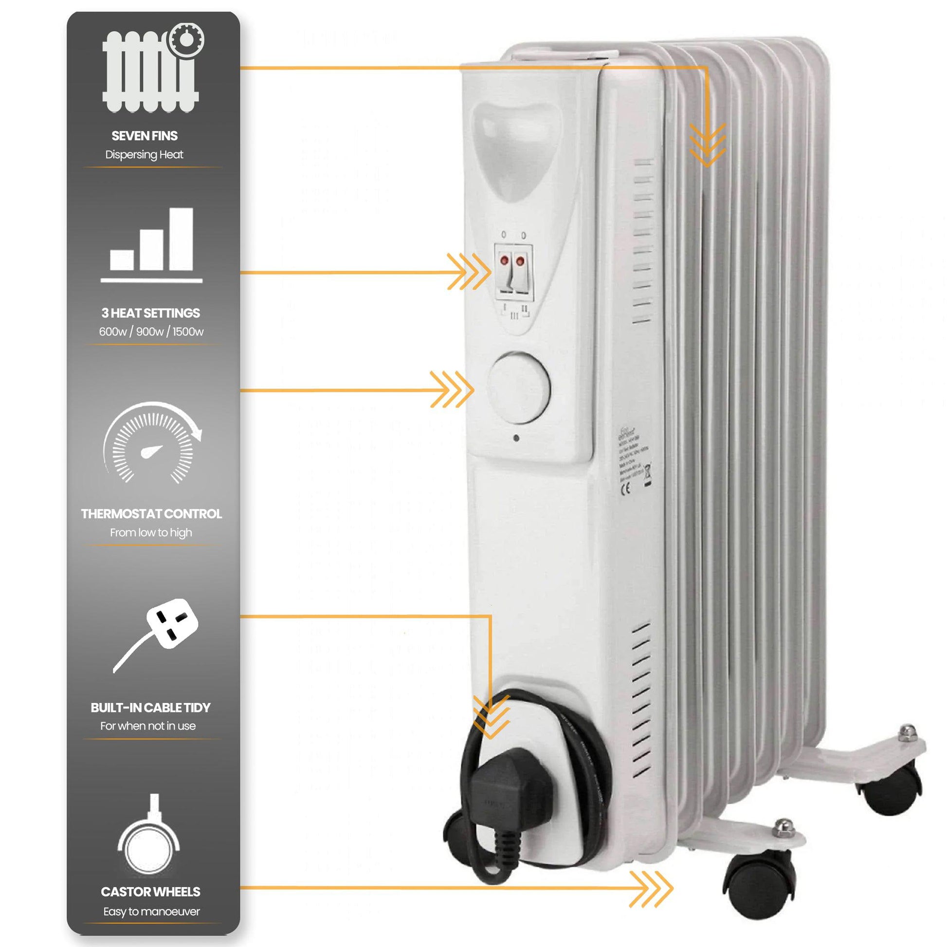 Daewoo 1500W Oil Filled Electric Radiator - White Heaters Clearance