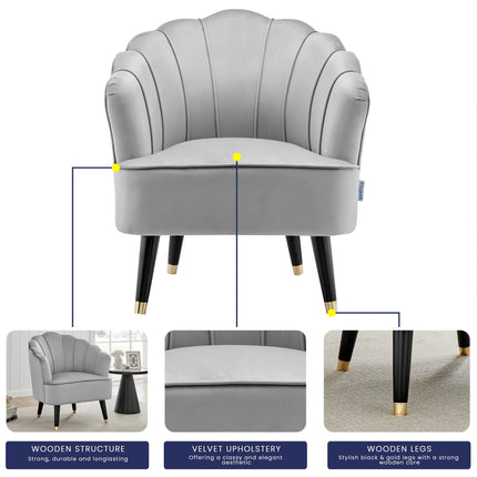 Light Grey Velvet Shell Tub Chair with Features
