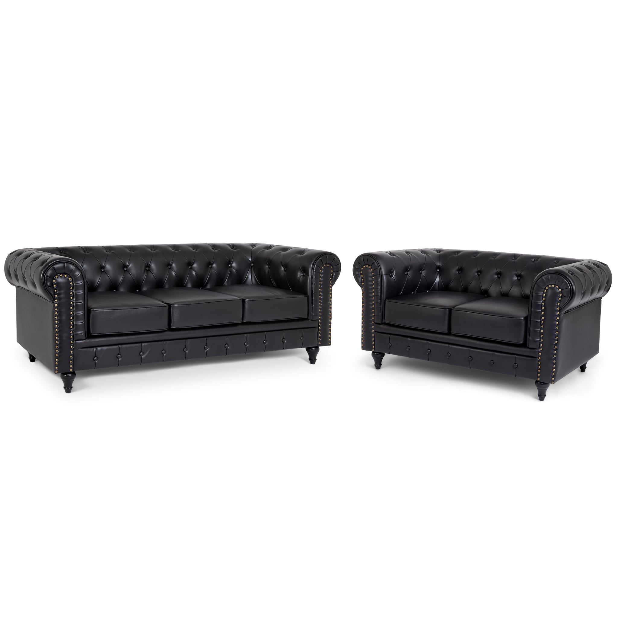 Faux Leather Chesterfield Sofa Suite - Black - Bargainia.com - 