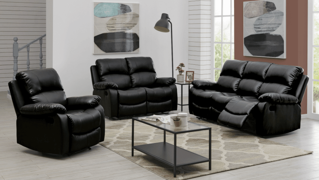 Faux Leather Manual Recliner Sofa Suite - Black - Bargainia.com - 5056150222934
