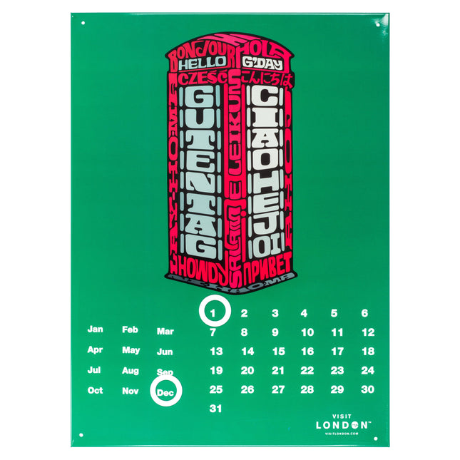 Green London Telephone Metal Calendar - 30 x 41cm only5pounds-com