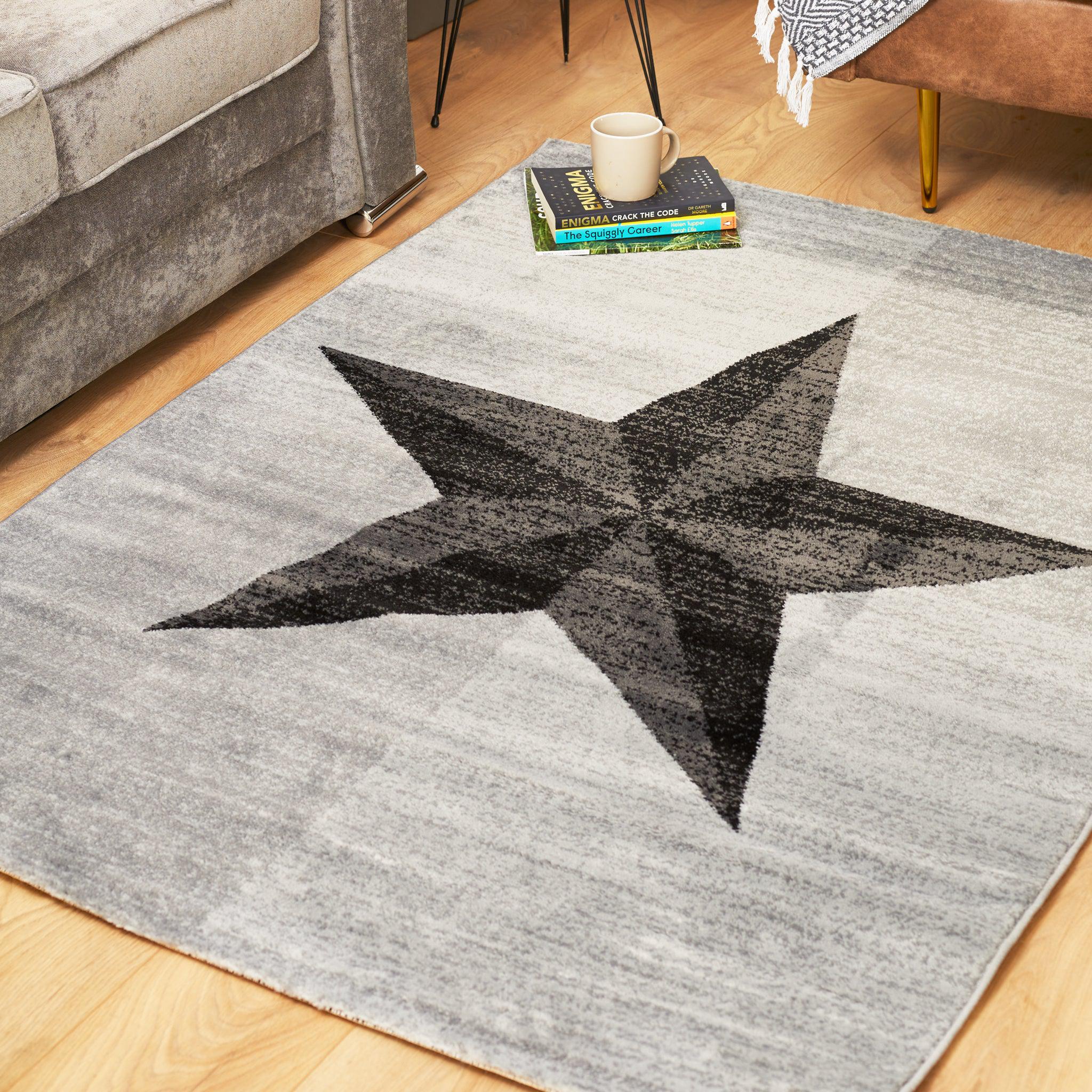 Grey & Black Modern Star Motif Rug - Plus - Bargainia.com - 