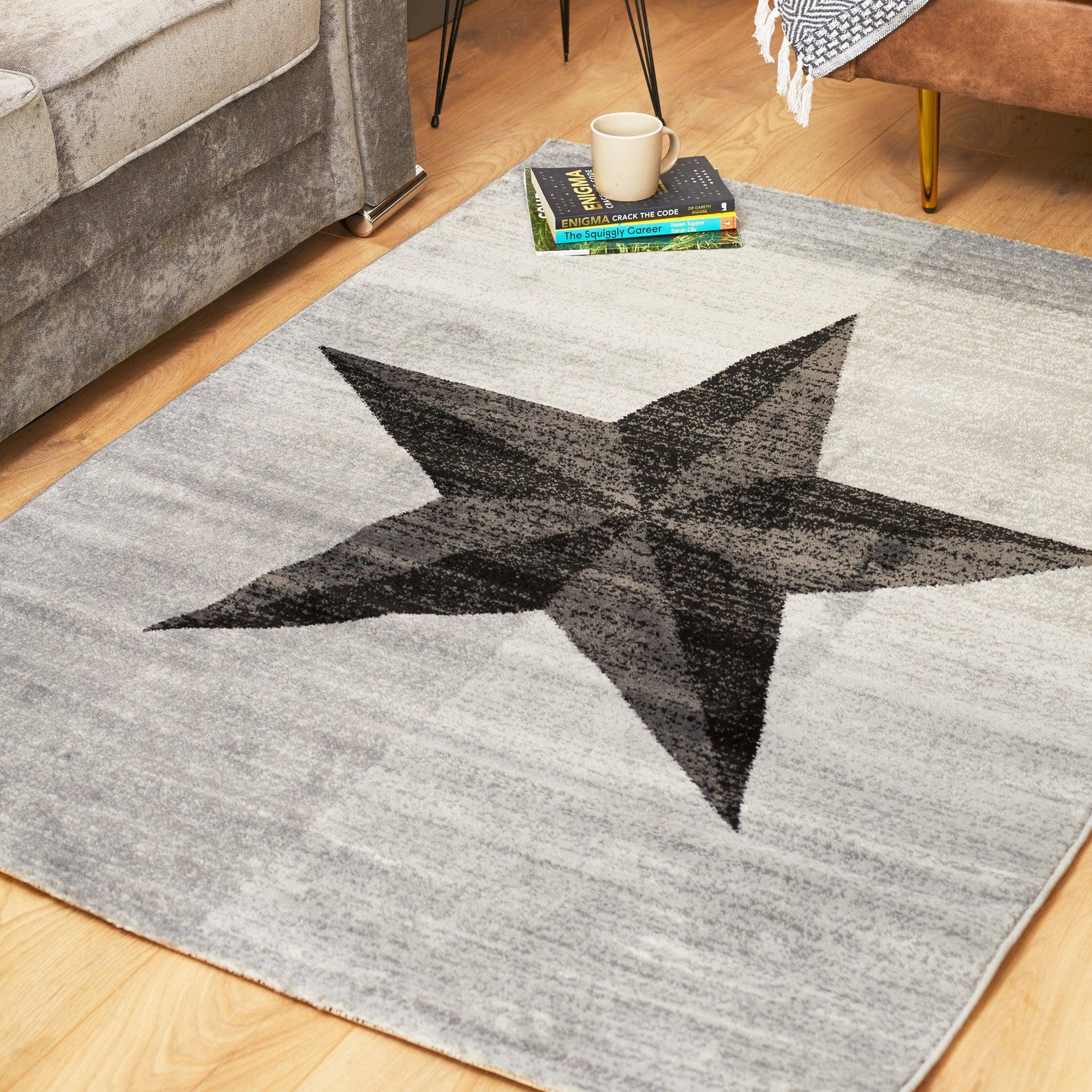 Grey & Black Modern Star Motif Rug - Plus - Bargainia.com - 