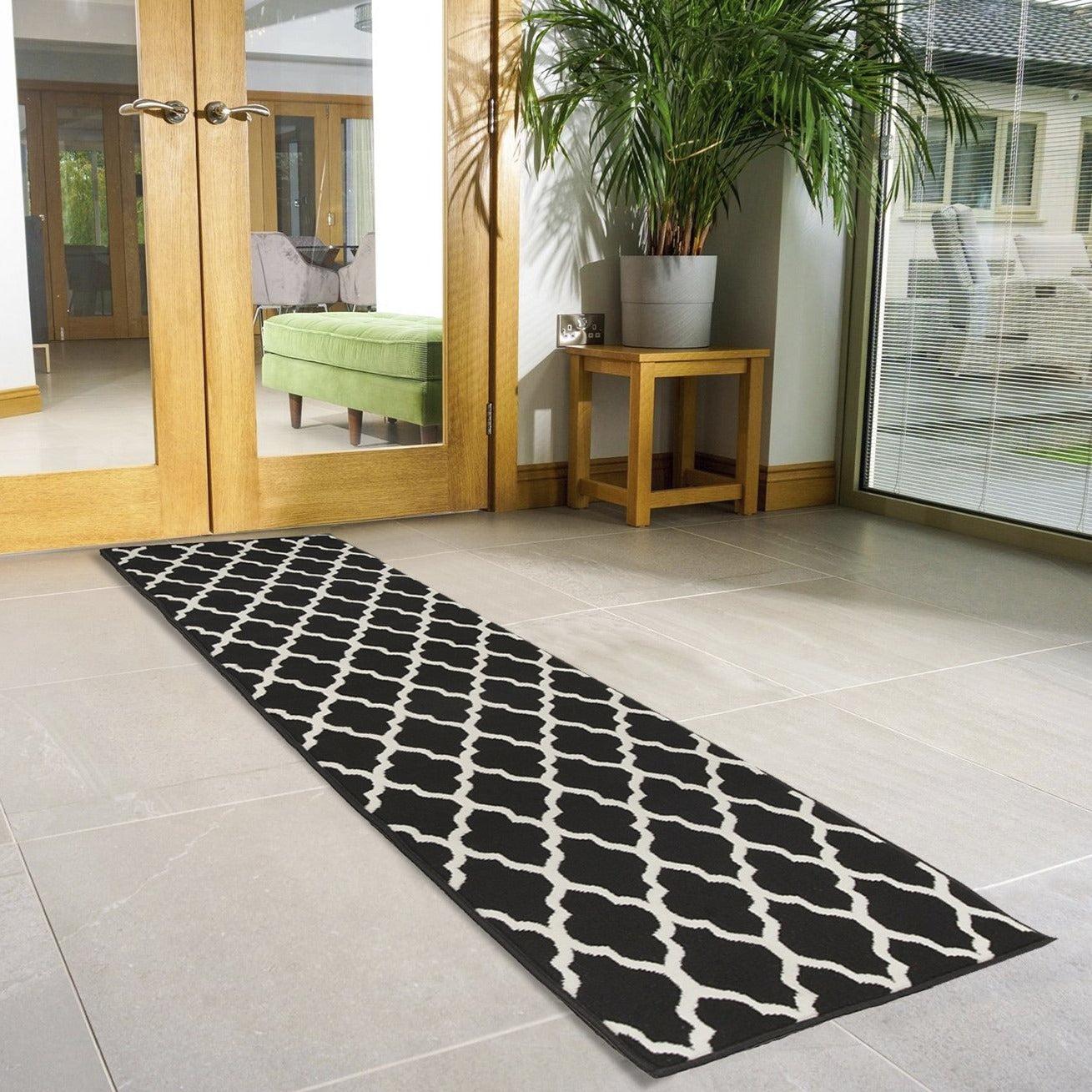 Hard Wearing Hessian Backed Stair Runner Kitchen Mat - Texas Black Trellis - Bargainia.com - 