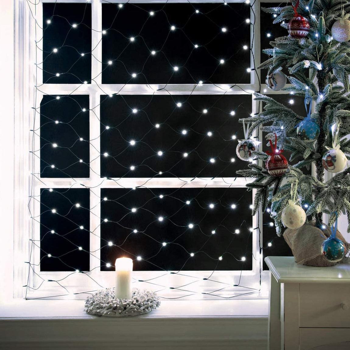 Indoor/Outdoor 8 Function LED Window Net Lights with Green Cable (360 Lights - 1.2M x 3.5M) - White Lights - Bargainia.com - 