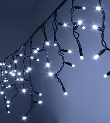 LED Snowing Icicle Indoor & Outdoor Christmas Fairy Lights with White Cable (960) - White Bargainia