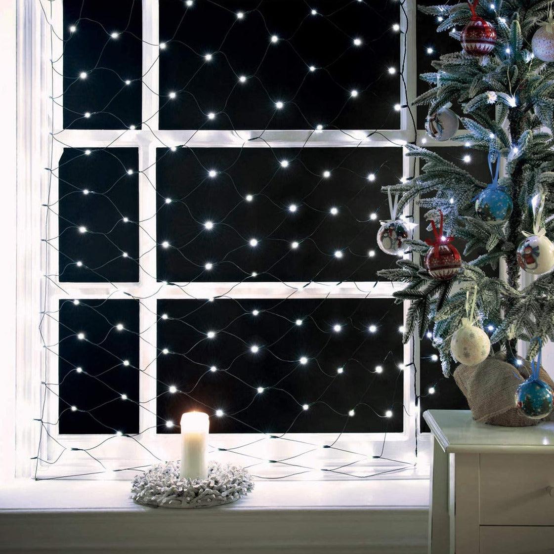 LED Window Net Lights 8 Function with Green Cable (240 Lights - 1.8M x 2.4M) - White Lights Lighting Clearance