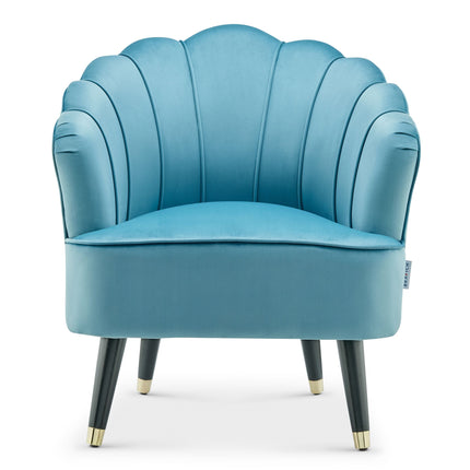Blue velvet shell tub chair front on 2