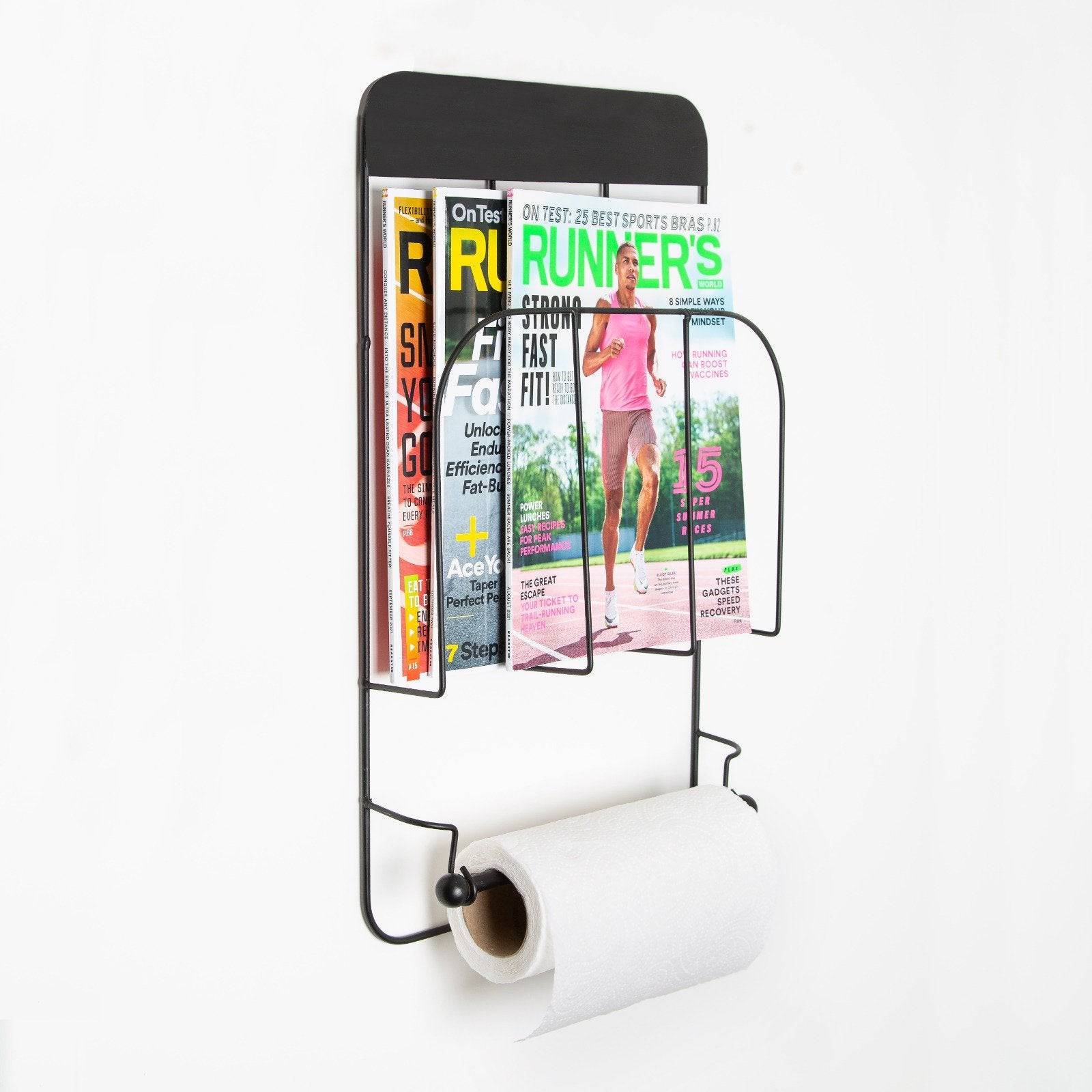 Magazine Rack With Roll Holder - Black Cabinets & Storage Clearance