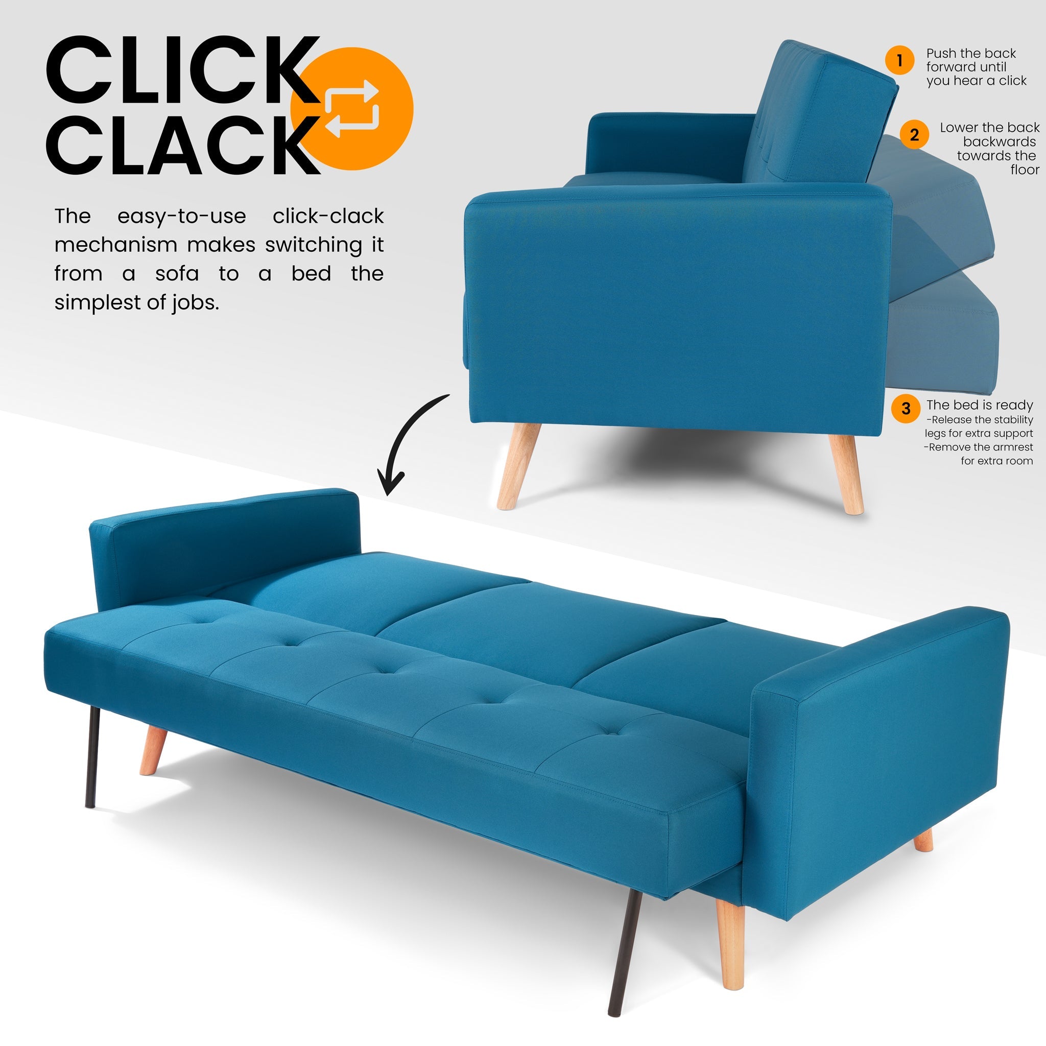 Narvik Sofa Bed 3 Seater Click Clack - Blue Sofas Bargainia