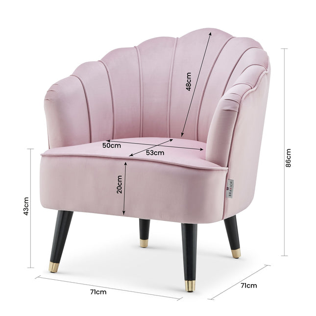 Rose Pink Velvet Shell Tub Chair with Measurements