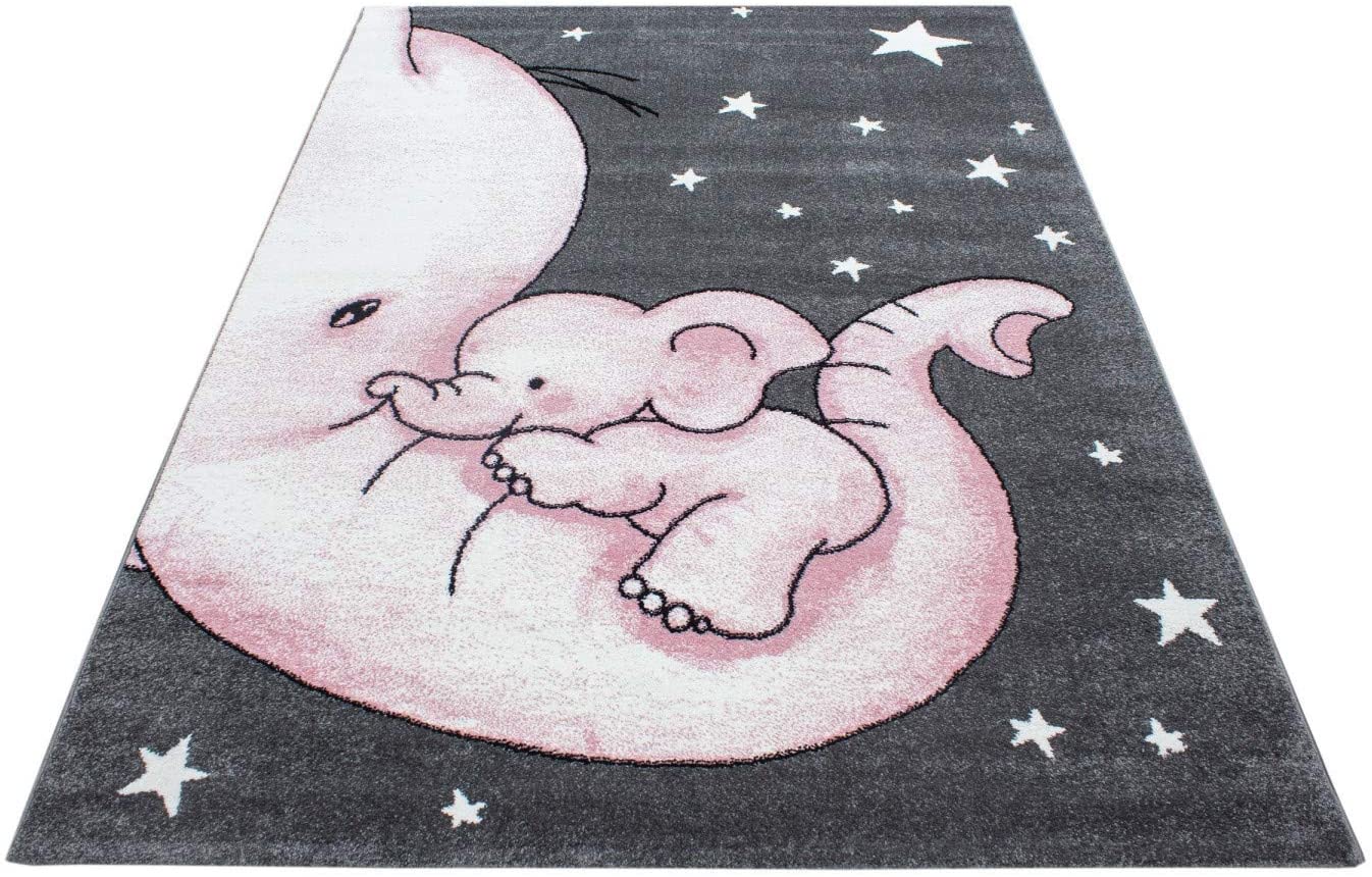 Pink Baby Elephant and Stars Rug - Kids Rugs Rug Masters