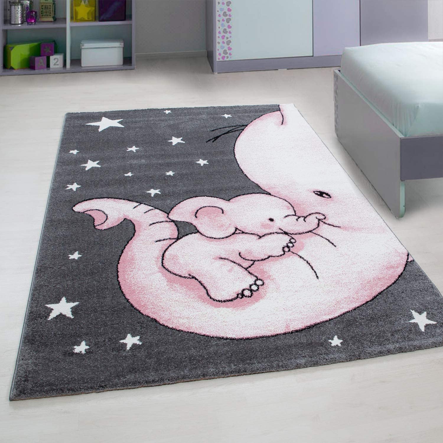 Pink Baby Elephant and Stars Rug - Kids Rugs Rug Masters