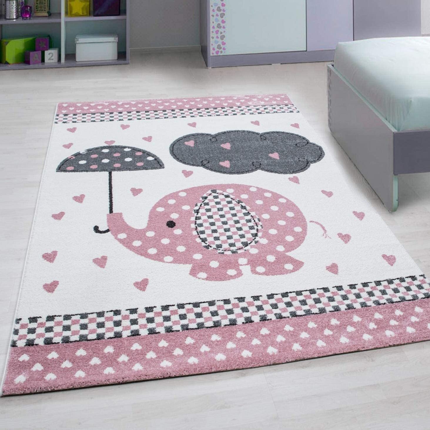 Pink Baby Elephant Hearts Rug - Kids Rugs Rug Masters