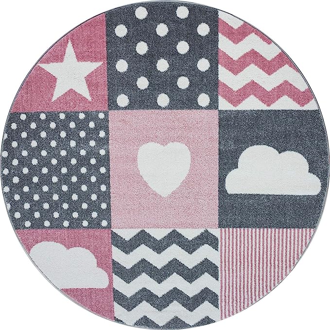 Pink & Grey Checked Rug - Kids Rugs Rug Masters 120cm Circle