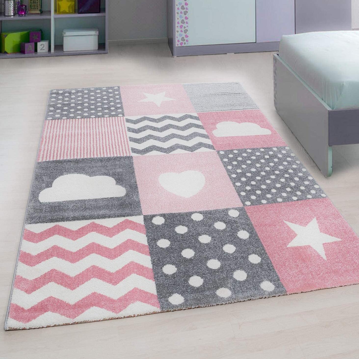 Pink & Grey Checked Rug - Kids Rugs Rug Masters